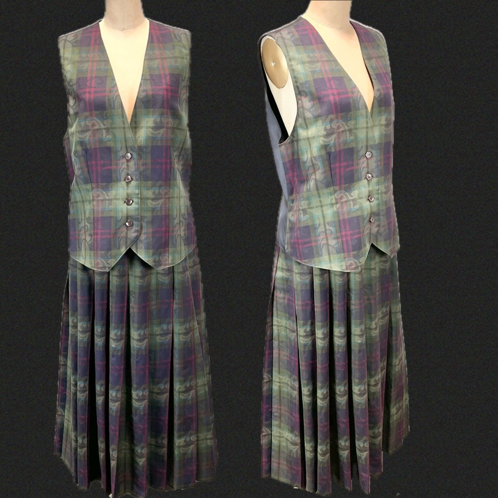 VINTAGE‎ 90s Pendleton tartan plaid 2 piece dress set maxi pleated skirt vest
